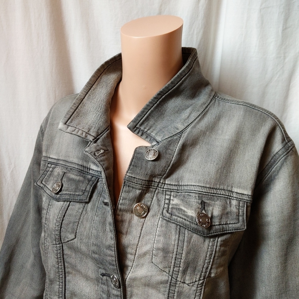 Distressed Gray Jean Jacket / Denim style moto Coat / Size L